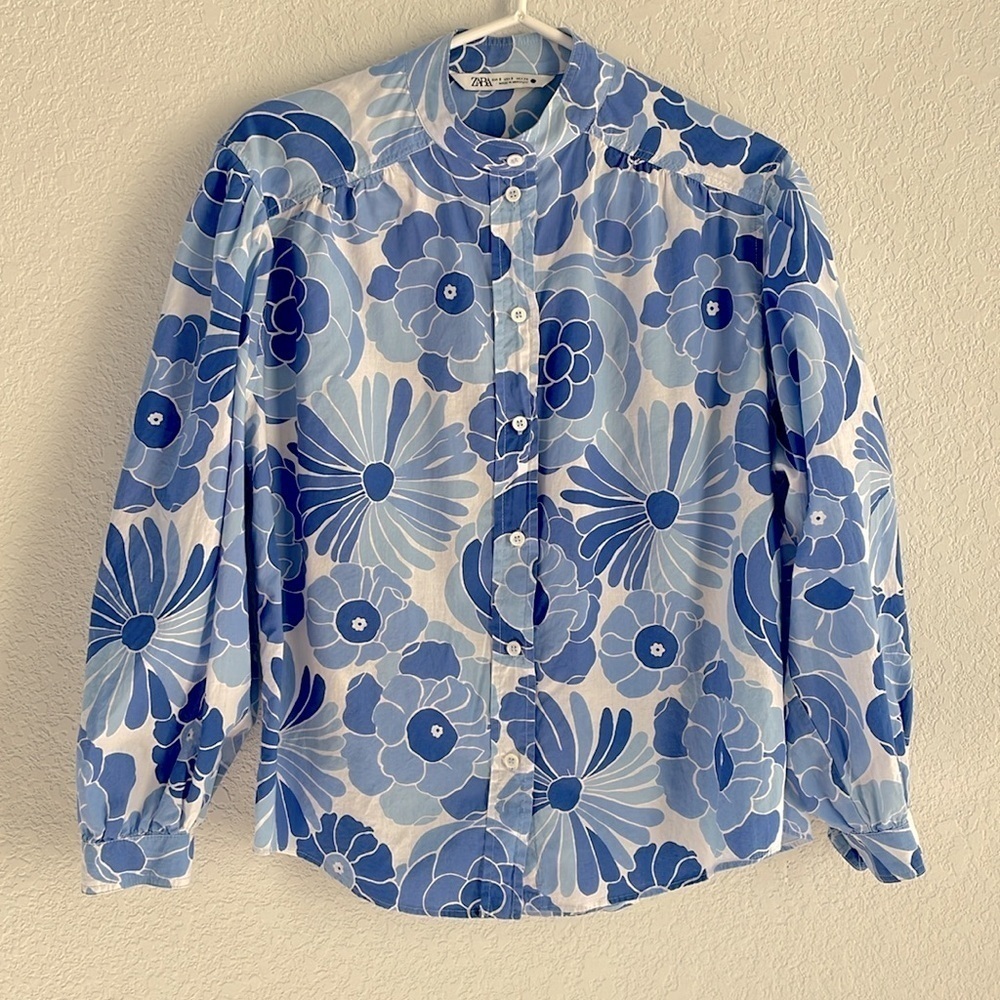 Zara Oversized Blouse Lightweight Blue Floral Long Sleeve Cotton Size Small